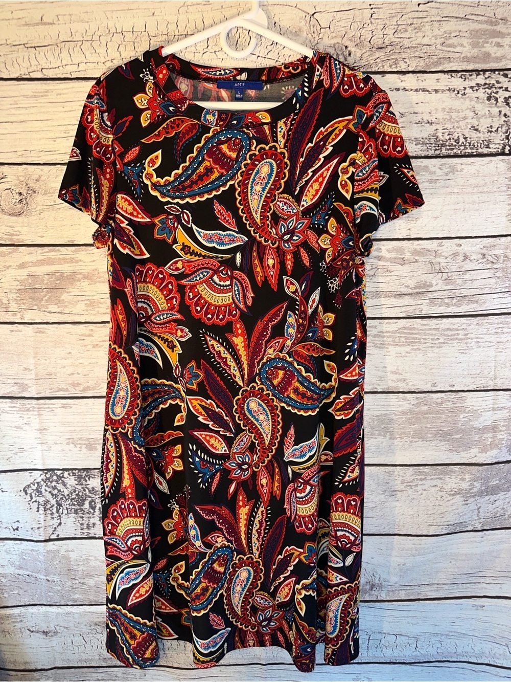 Apt. 9 Paisley Print Shift Dress Size Large Short Sleeve Stretch Knit